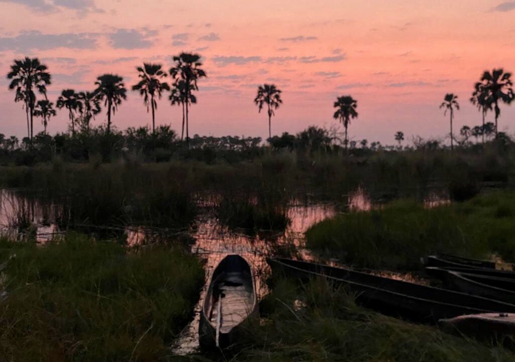 Stilliggende kano bij zonsondergang met palmbomen op de achtergrond