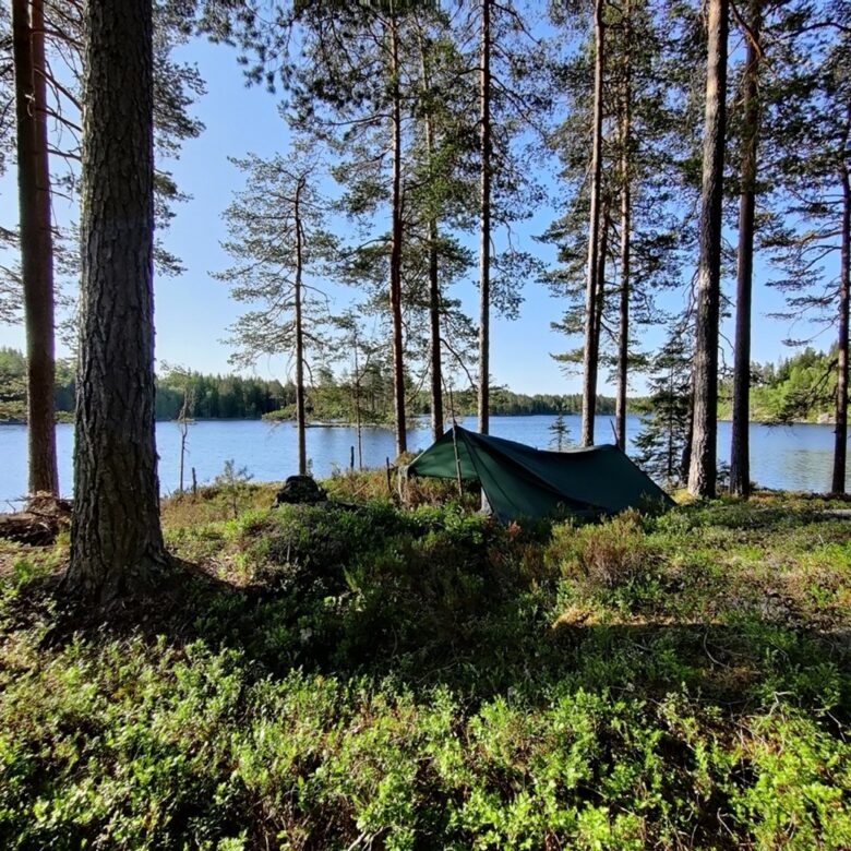 Opgezette tent aan de oever van een meer omringd door bomen